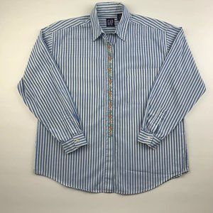 GAP Vintage 90s Blue and White Striped Button Up Collared Shirt w Floral Detail